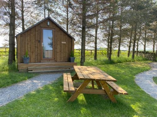 a wooden picnic table in front of a small cabin at Cow Close Camping Pods in Leyburn