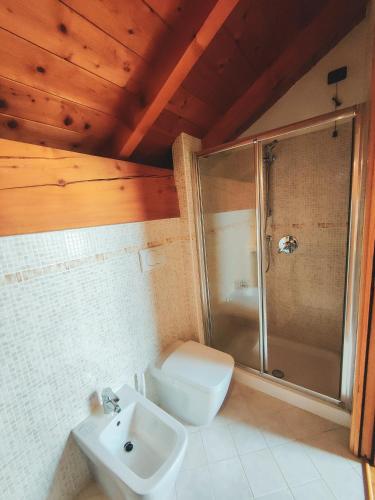 La salle de bains est pourvue de toilettes, d'une douche et d'un lavabo. dans l'établissement Mountain View Hideaway, à Ballabio