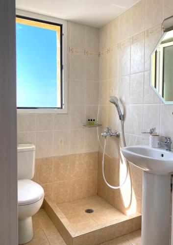 a bathroom with a shower and a toilet and a sink at The Garden House in Aegina Town