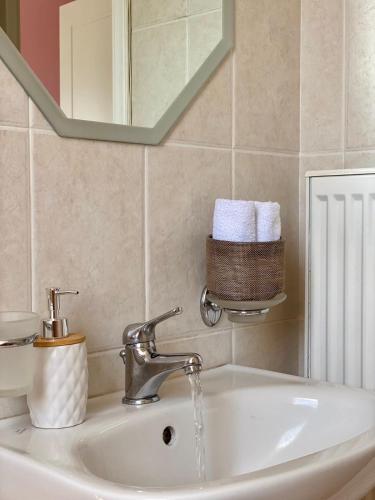 a bathroom sink with water running from a faucet at The Garden House in Aegina Town