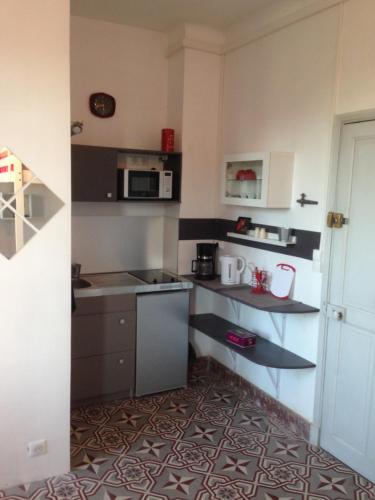 une petite cuisine avec une cuisinière et un micro-ondes dans l'établissement charmant studio Avignon intra muros, à Avignon