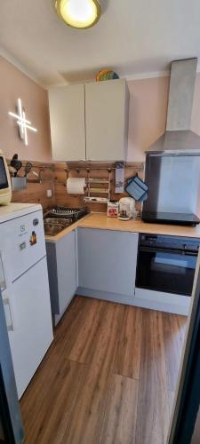 une cuisine avec des appareils blancs et un parquet dans l'établissement Appartement Grand Paris, à Saint-Denis