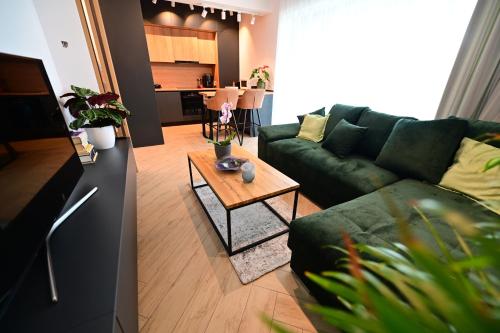 ein Wohnzimmer mit einer grünen Couch und einem Tisch in der Unterkunft Home by the Lake nr 8 in Sibiu