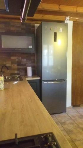 a kitchen with a stainless steel refrigerator and a counter at Zephyr Guest House in Lefokastro