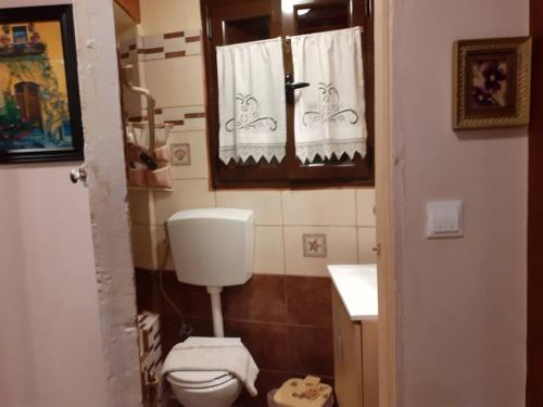 a small bathroom with a toilet and a window at Ξυλοπετρα / Wood & stone house in Tsagarada