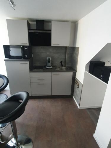 une petite cuisine avec un évier et un micro-ondes dans l'établissement Les berges du moulin, à Ensisheim