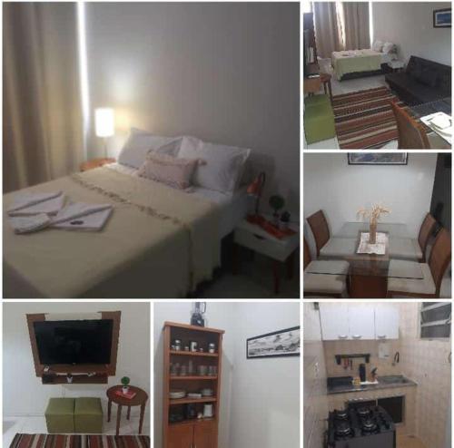 een collage van vier foto's van een slaapkamer bij Estúdio na quadra da praia in Rio de Janeiro
