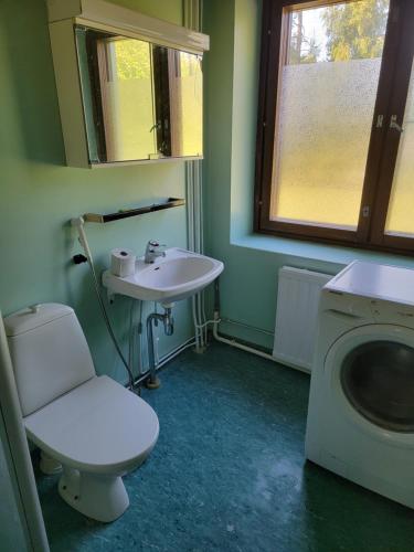 a bathroom with a toilet and a sink and a washing machine at Sunny apartment next to a beautiful lake in the forest in Imatra