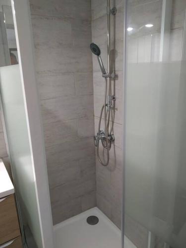 une douche avec une porte vitrée dans une salle de bain dans l'établissement Royan, Vaux sur mer, quartier Pontaillac, 2 pas des plages, à Vaux-sur-Mer