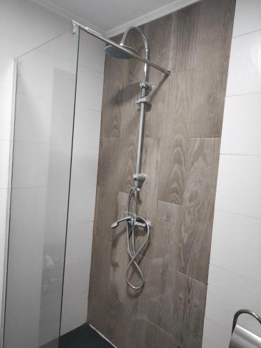 a shower in a bathroom with a wooden wall at Pedra de Corvos in Fisterra