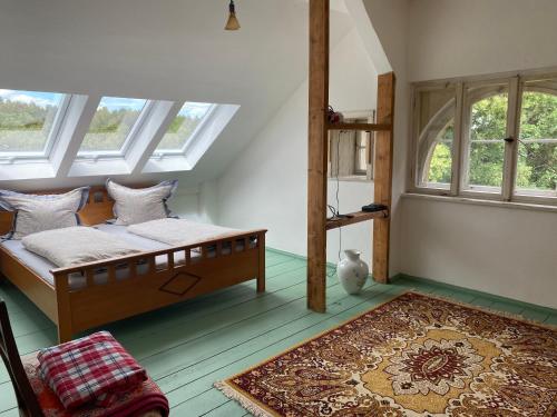 a bedroom with a bed with windows and a rug at Grüne Villa in Bad Brambach