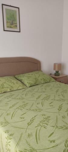 a bed with a green blanket with a picture on the wall at Apartman Car in Vir