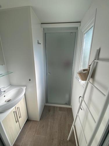 La salle de bains est pourvue d'un lavabo et d'une échelle à côté d'une porte. dans l'établissement Charmant Mobilhome avec espace vert au milieu des pins proche de la plage sur le camping 