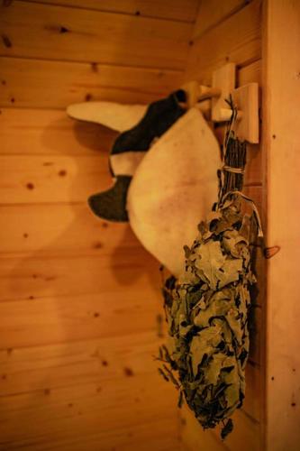 a guitar hanging on a wall next to a wall at Fridis&Chill in Sigulda