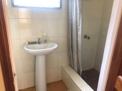 a bathroom with a sink and a shower at Nat’s place in Treasure Beach