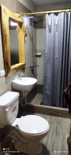 a bathroom with a toilet and a sink and a shower at Ricky's House in Baños