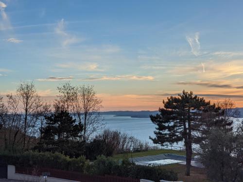 a view of a body of water with trees at Garda Panoramic House in Albisano