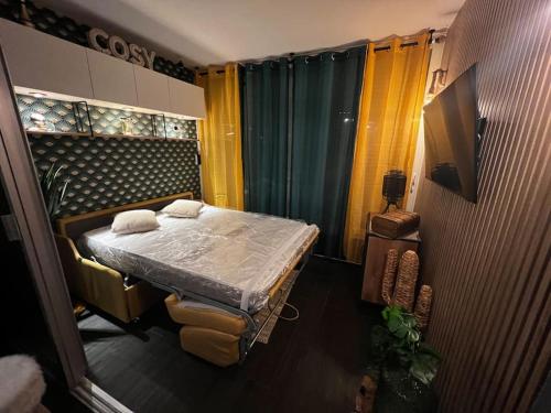a bedroom with a bed and a tv in it at Vue Mer\Plage\Parking Gratuit\wifi in Le Barcarès