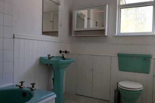 a bathroom with a green sink and a toilet at Cosy Town-Centre Cottage, St Austell, Cornwall in St Austell