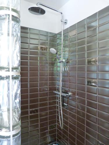 ein Bad mit einer Dusche mit braunen Fliesen in der Unterkunft Superbe bas de Villa à 80m de la mer in La Seyne-sur-Mer