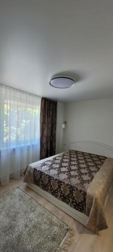 a bedroom with a bed and a large window at Greimo apartamentai in Šiauliai