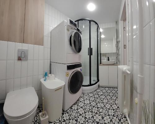 a bathroom with a washing machine and a toilet at Greimo apartamentai in Šiauliai