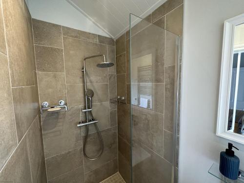 baño con ducha y puerta de cristal en Low Lake Lodge en Reighton