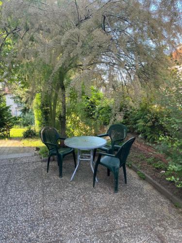 einen Tisch und vier Stühle neben einem Baum in der Unterkunft Apartmán Colette in Prag