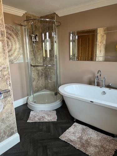 a bathroom with a tub and a shower and a sink at Cherry blossom lodge in Marton