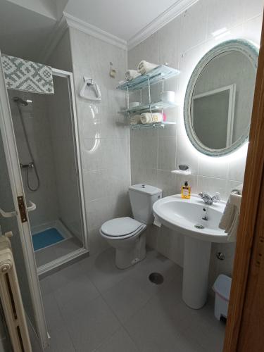 ein Badezimmer mit Toilette, Waschbecken und Spiegel in der Unterkunft VUT Corea324 in Caboalles de Abajo