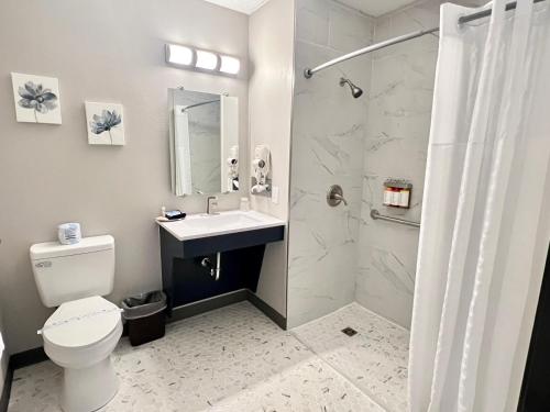 ein Bad mit einem WC, einem Waschbecken und einer Dusche in der Unterkunft Hilltop Inn & Suites in Grove