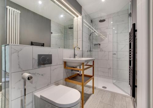 een badkamer met een toilet, een wastafel en een douche bij Bath Cottage in Saundersfoot