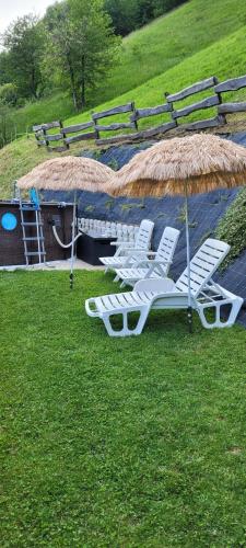 a group of lounge chairs and an umbrella on the grass at Farm ,zidanica ,JOLI in Gorica pri Slivnici