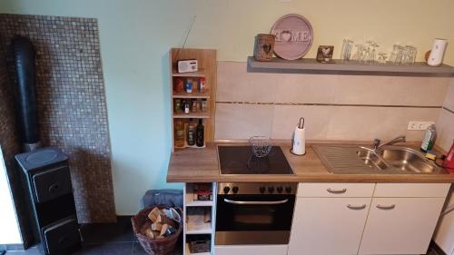 a small kitchen with a sink and a stove at Schulzis Ferienwohnung in Windeck