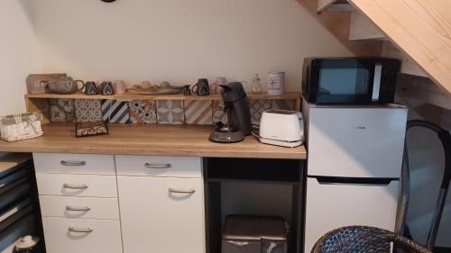 a kitchen with a white refrigerator and a microwave at Schulzis Ferienwohnung in Windeck