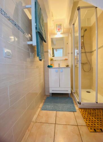 une salle de bain avec douche et lavabo dans l'établissement T2 calme proche plage Bonporteau avec Clim et parking, à Cavalaire-sur-Mer