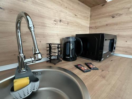 - un comptoir de cuisine avec évier et four micro-ondes dans l'établissement Studio apartman Antonio, à Metković