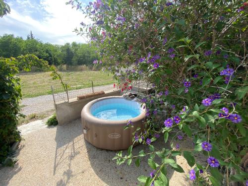 uma grande banheira ao lado de uma árvore com flores roxas em Villa, 4 chambres, jardin, Barbecue em Orange