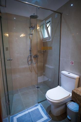 a bathroom with a glass shower with a toilet at Kostas Beach Apartments in Agios Gordios