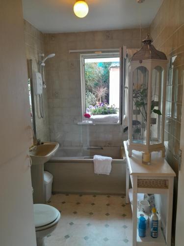 uma casa de banho com uma banheira, um WC e uma janela. em Saint Martin's Bed and Breakfast em Bandon