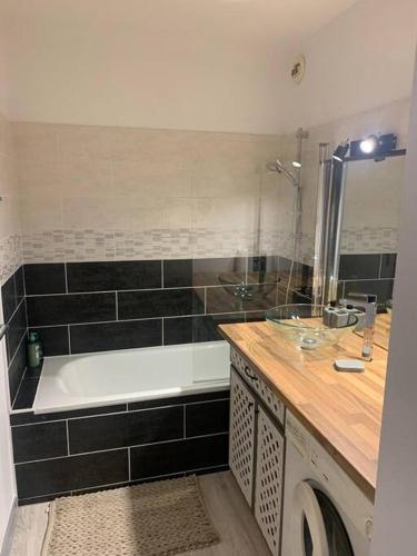 une salle de bain avec une baignoire, un lavabo et une douche dans l'établissement Cocon douillet résidence calme, à Pau