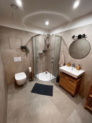 a bathroom with a shower and a toilet and a sink at Apartmán Kašperák in Kašperské Hory