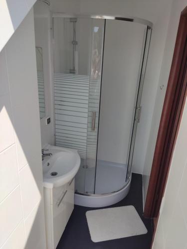 a bathroom with a shower and a sink at Willa Turkusowa in Międzyzdroje