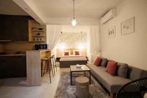 a living room with a couch and a bed and a kitchen at Villa Elena in Grabovac