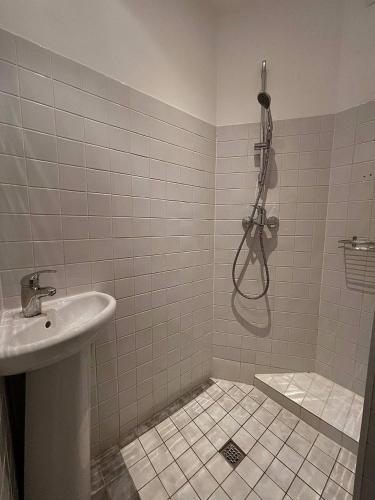 a bathroom with a sink and a shower at Zeltini in Riga