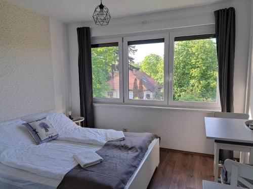 sypialnia z łóżkiem i dwoma dużymi oknami w obiekcie Levander Apartman w Balatonföldvárze