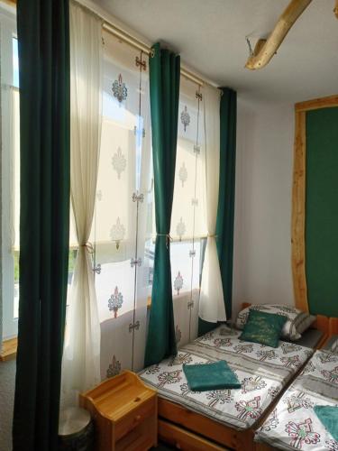 a bedroom with a bed with green curtains and a window at U Siuhajów in Frydman