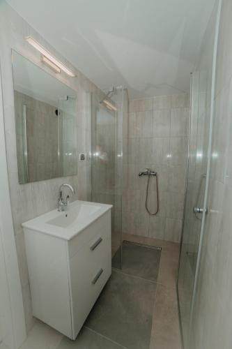 W łazience znajduje się biała umywalka i prysznic. w obiekcie DOMEK MIEDZY MORZAMI w Kuźnicy