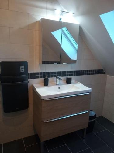 une salle de bain avec un lavabo et un miroir dans l'établissement Chez Sandra, à Dalhunden