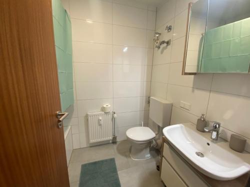 a bathroom with a toilet and a sink and a mirror at FeWo in ruhiger Aussichtslage in Bad Liebenzell